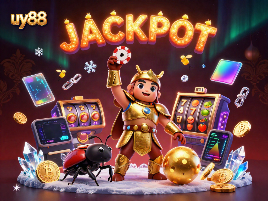 Engage with uy88's vibrant jackpot celebration featuring a heroic beetle and rich casino elements.