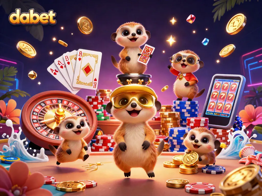 Dabet showcases dynamic meerkats running a casino operation with vibrant gold coins and games.