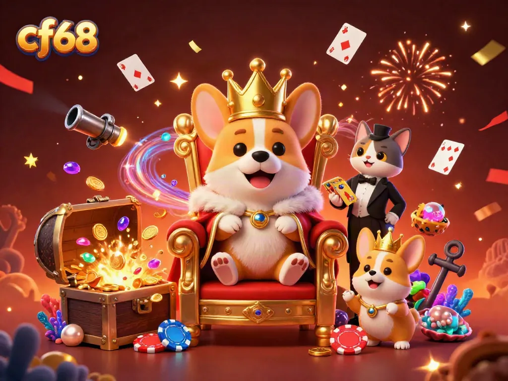 Engage in online gambling adventures with cf68’s vibrant illustration of royal casino characters amid treasure and excitement.