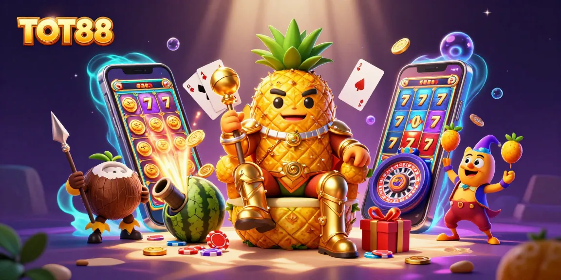Experience the excitement of the TOT88 casino with a vibrant scene of the pineapple king and jester in action.