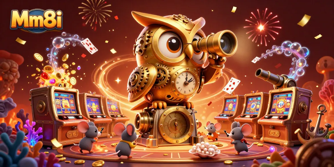 Experience the excitement of Mm8i with a vibrant casino scene featuring an owl and animated mice.