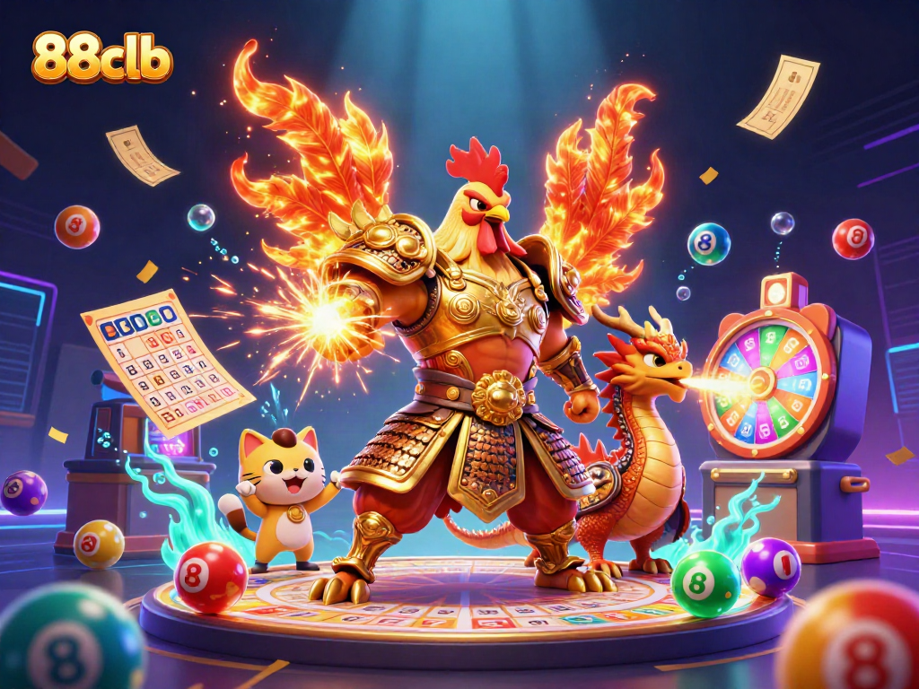 Engage in thrilling gameplay at 88clb with a vivid illustration of cartoon characters featuring games and lottery elements.
