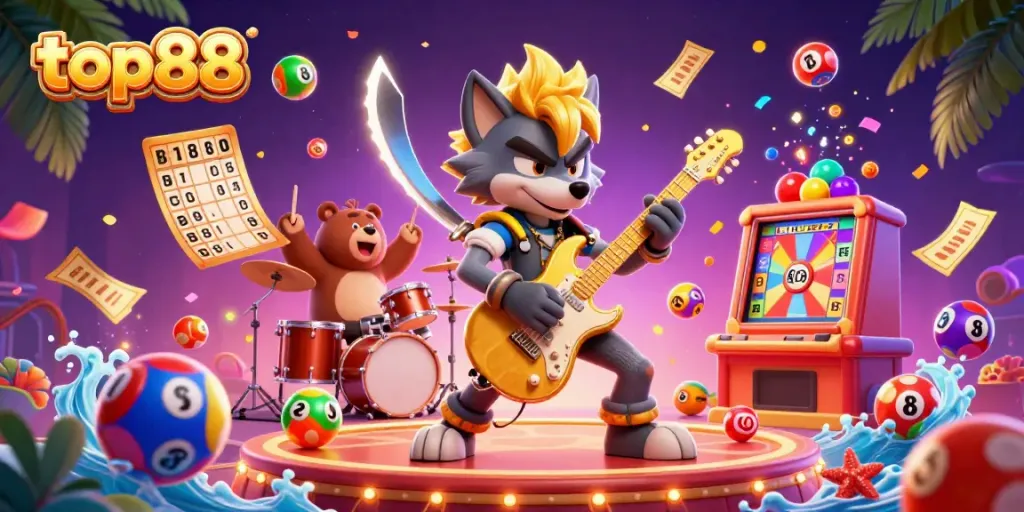 Experience the excitement of top88 with vibrant casino elements and lively characters in a dynamic scene.