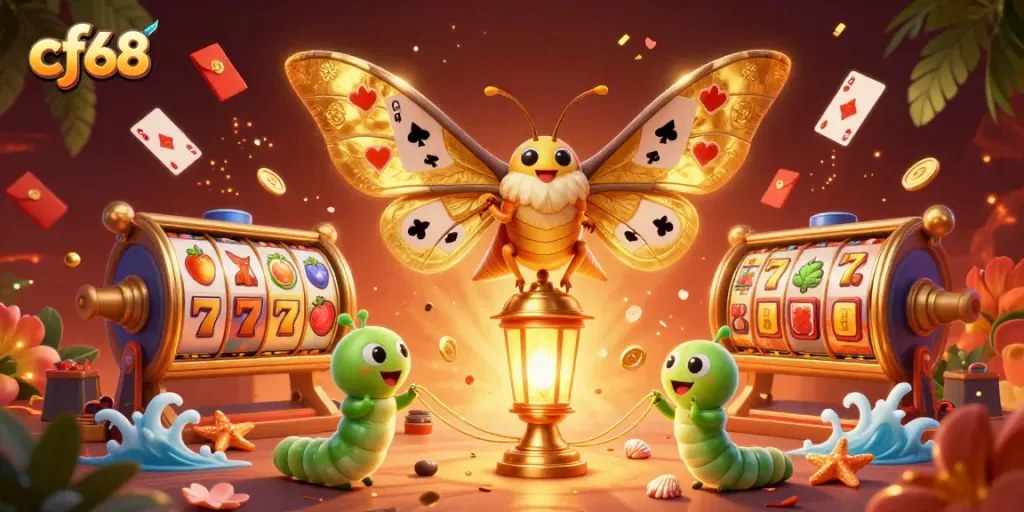 Spin the reels in cf68's vibrant casino scene with dazzling golden moths and festive elements.