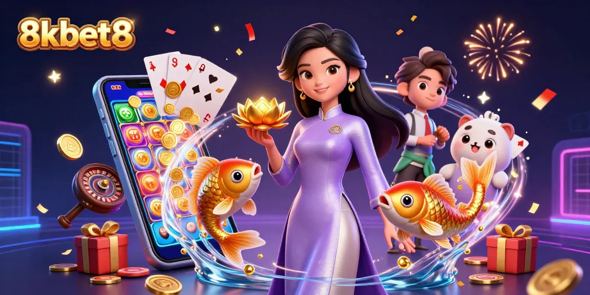 Experience 8kbet8's vibrant casino games with a stunning illustration of online gaming elements.