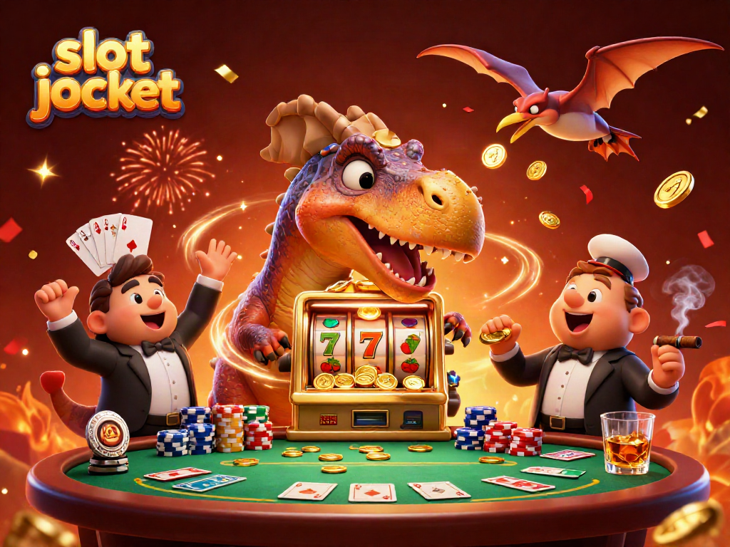 Experience the thrill of a slot jackpot as a dinosaur activates a golden machine for coins.
