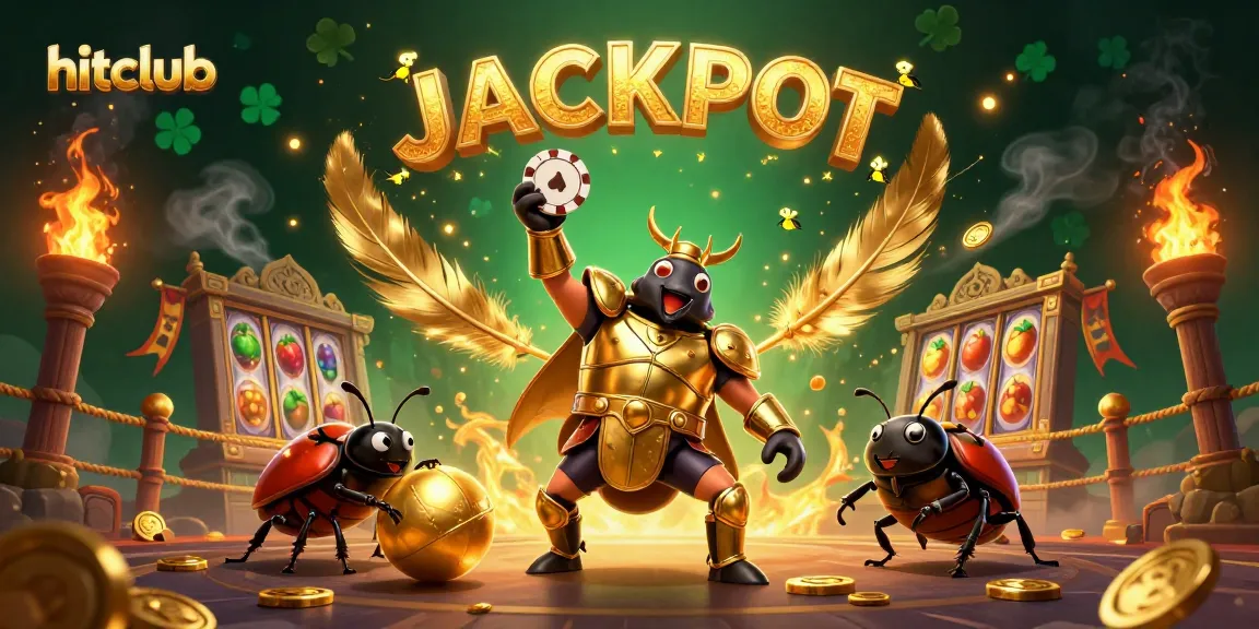 Hitclub's dynamic jackpot scene with heroic beetles and vibrant casino elements engaging gamblers.