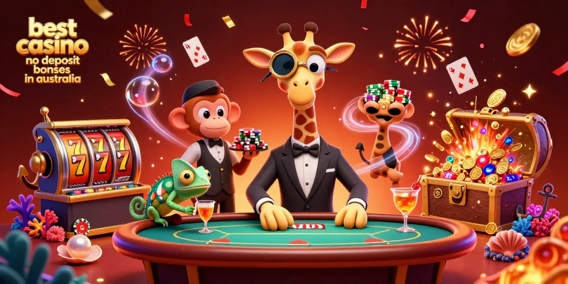 Experience the best casino no deposit bonuses in Australia with animated casino characters amidst vibrant gambling elements.