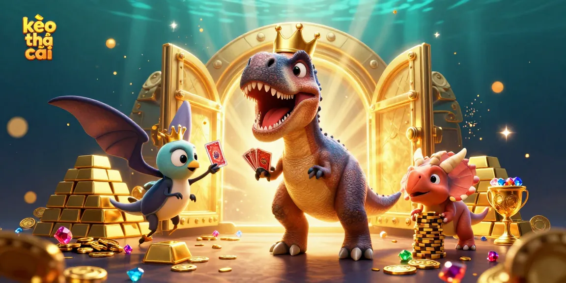 Engage in the thrilling experience of kèo nhà cái with T-Rex shuffling cards and a triceratops stacking chips.