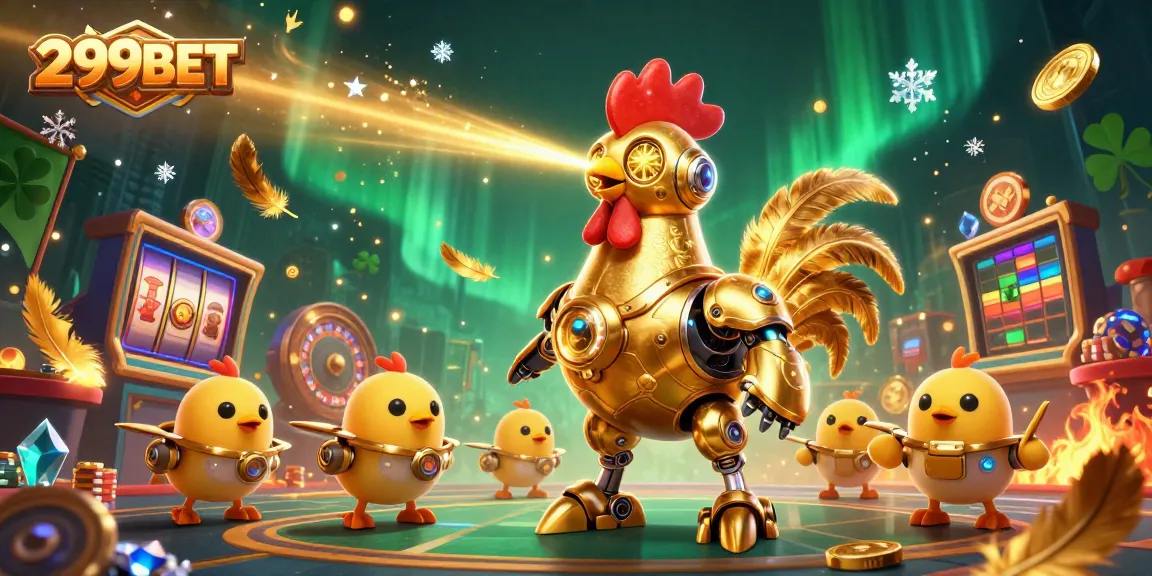 Engage with 299BET's thrilling casino experience featuring a golden rooster robot and baby chick drones.