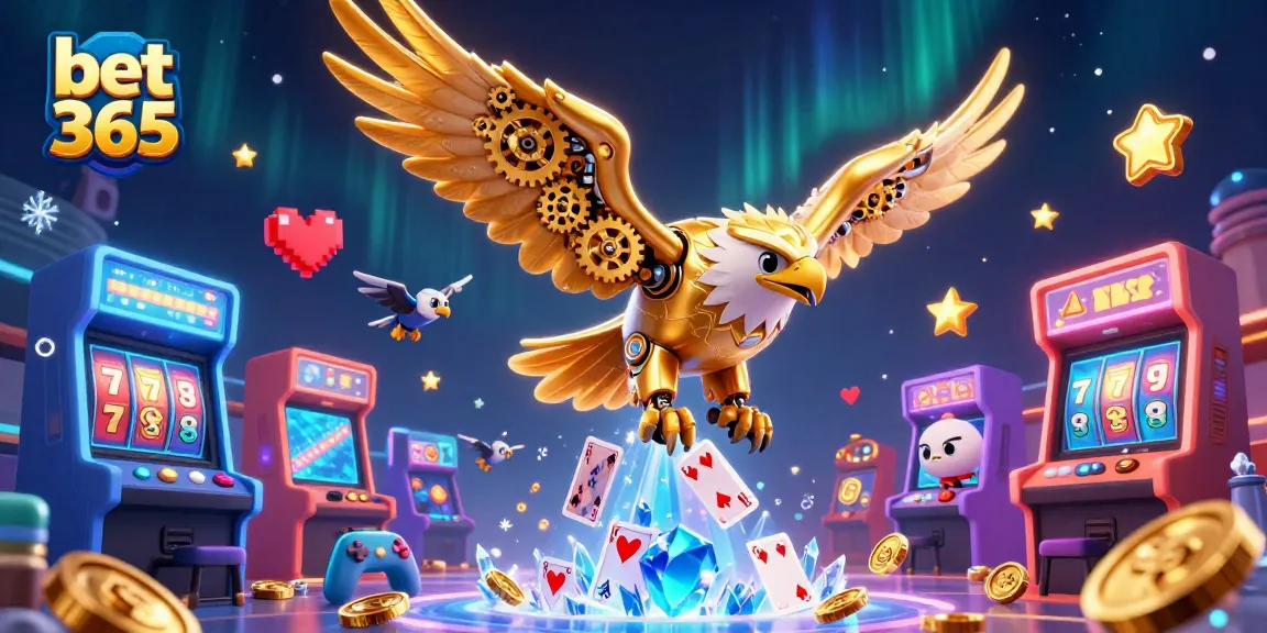 Engage with the vibrant world of bet 365 through a dynamic 3D casino illustration showcasing a golden eagle amidst playing cards and gaming machines.