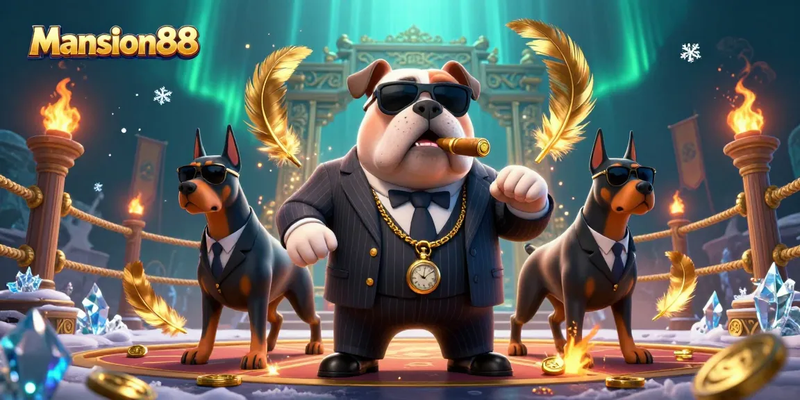 Mansion88 online casino illustration featuring a mafia bulldog and bodyguard Dobermans amidst dynamic betting elements