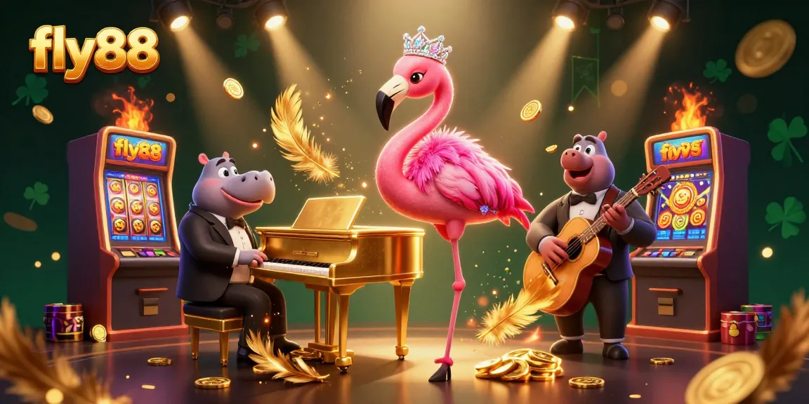Experience exciting gaming with fly88 as a flamboyant flamingo performer and hippo bassist enliven the scene.