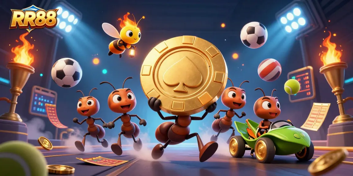 Join the adventure at RR88 with ants carrying a golden poker chip through a vibrant casino scene.
