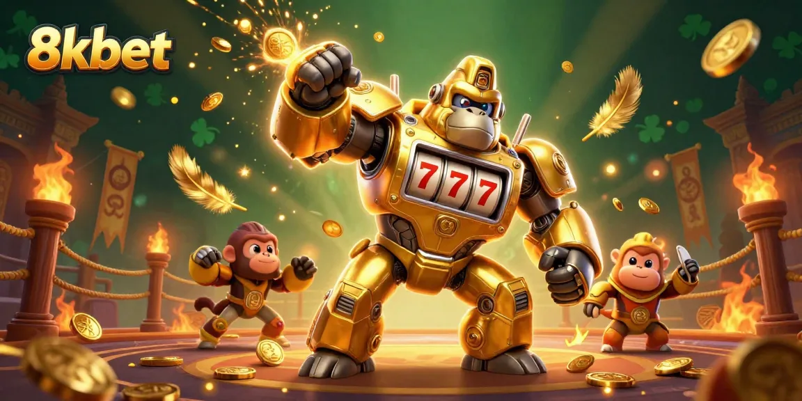 Experience thrilling action at 8kbet's vibrant gaming arena with a dynamic golden gorilla mech character.