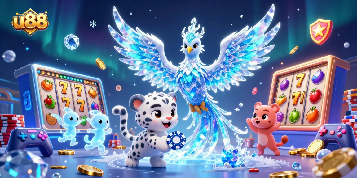 Engage with the dynamic u88 casino experience illustrated by a playful scene featuring an ice phoenix and poker-themed characters.