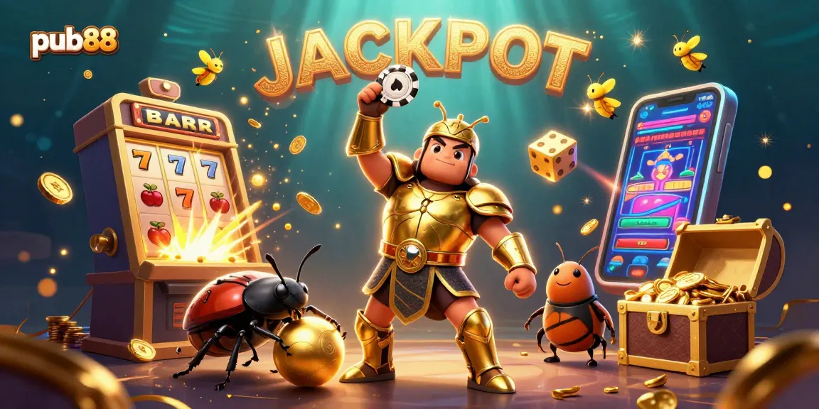 Experience the excitement at pub88 with a victorious beetle lifting a poker chip, surrounded by slot elements.