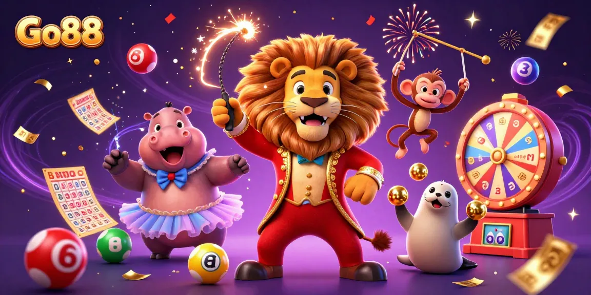 Engage with Go88's vibrant gaming experience featuring a 3D circus illustration of playful characters and dynamic lottery elements.