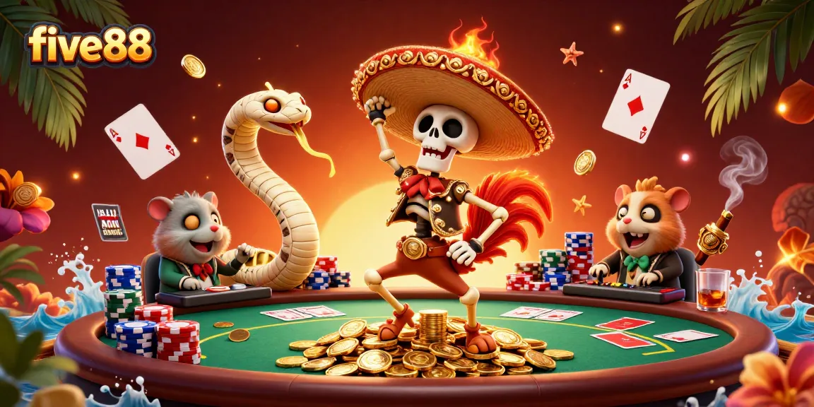 Engage in thrilling casino excitement with five88 as a skeleton mariachi rooster celebrates winning on rich poker chips!