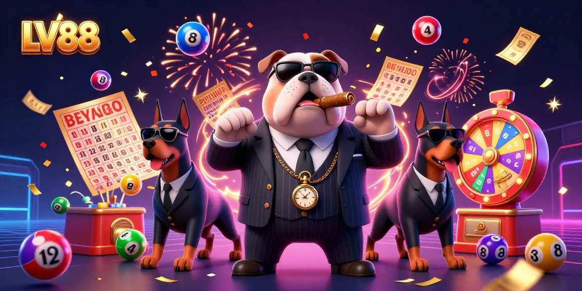 Engage with LV88's vivid lottery scene featuring a mob boss bulldog amidst dynamic gaming elements.