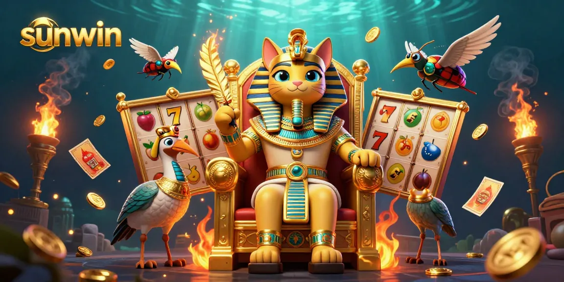 Engage in thrilling slot adventures with sunwin, featuring animated Egyptian characters and vibrant casino elements.