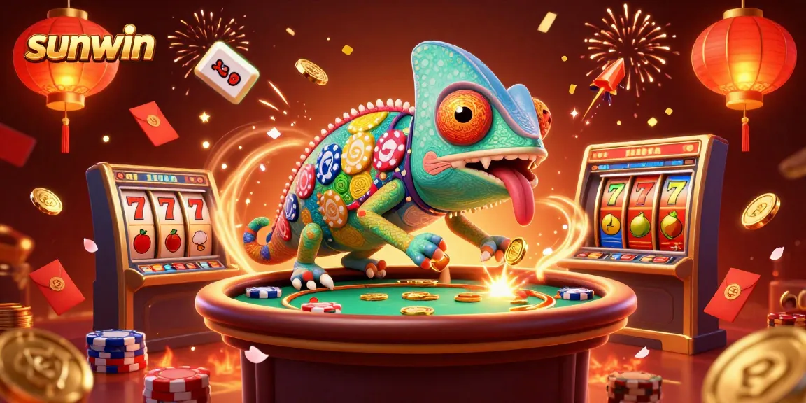 Experience thrilling slots with sunwin's dynamic casino scene featuring a colorful chameleon and vibrant game elements.