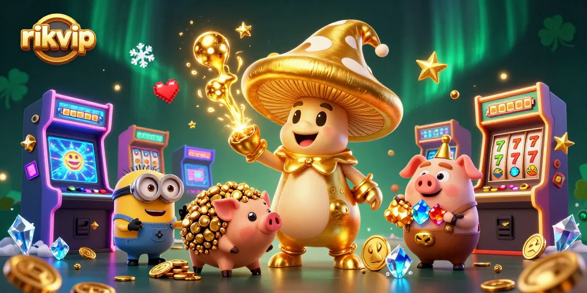Experience the magic at rikvip with a golden wizard and treasure, surrounded by dynamic casino elements.