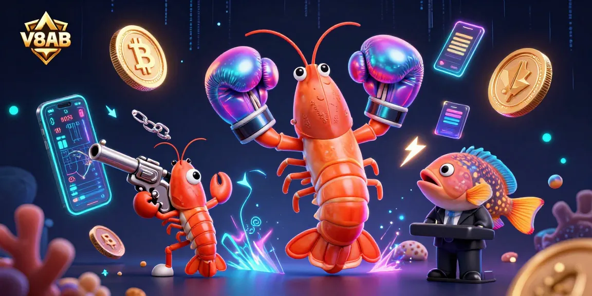 Engage with V8AB's dynamic casino scene featuring vibrant characters and cryptocurrency elements.