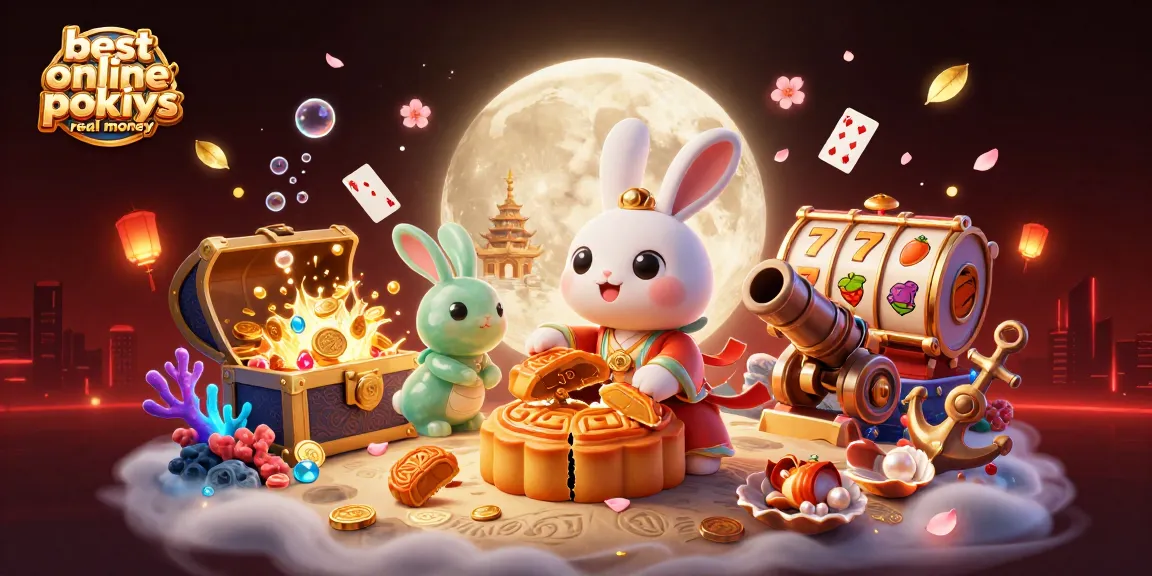 Experience the best online pokies real money with vibrant slot reels and a mystical lunar scene.