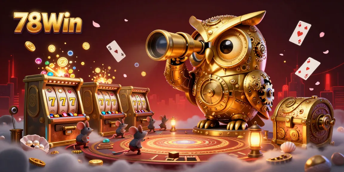Experience excitement with 78Win in a vibrant 3D scene full of slot machines and golden treasures.