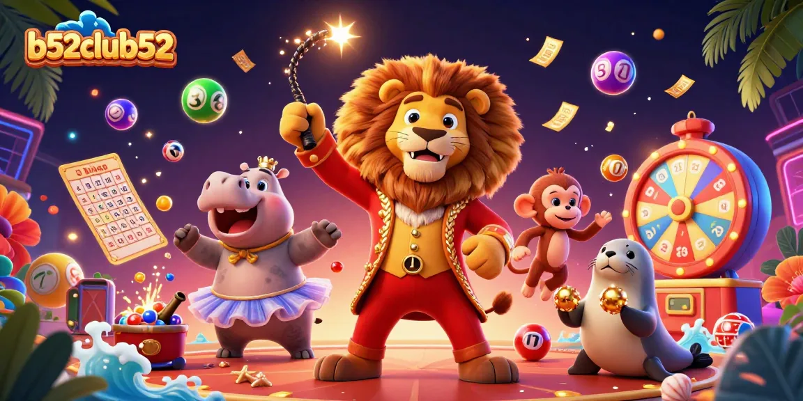 Bounce into excitement with the vibrant scene of players enjoying b52club52 games amidst colorful lottery balls and joyful characters.