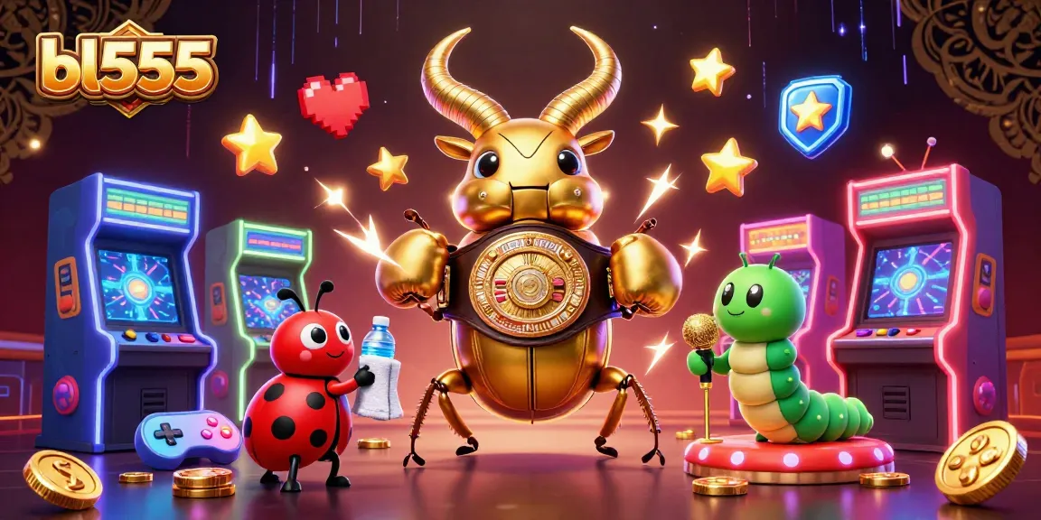 bl555 captures excitement with a giant golden stag beetle, arcade games, and casino elements.