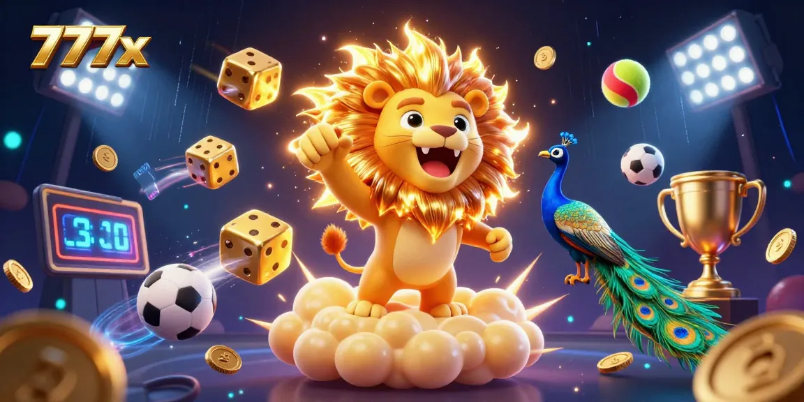 Engage with 777x in this vibrant 3D casino scene featuring a roaring lion and dynamic sports elements.